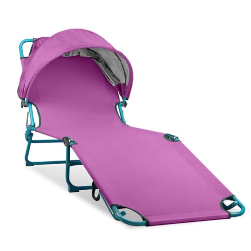 Oversized Chaise Lounge Chair for Adults, Heavy Duty Folding Beach Lounger with Sun Shade, Portable Trifold Tanning Chair with 3 Adjustable Positions for Beach Outdoor Camping Lawn, Purple