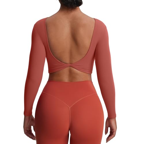 Aoxjox Long Sleeve Crop Tops for Women Emma Twist Back Workout Cropped T Shirt Top (Rust Red, X-Small)