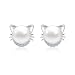 ImSky Cat Ear Stud Earrings for Women Girls Sterling Silver Pearl Crystal Zircon Earrings 9MM