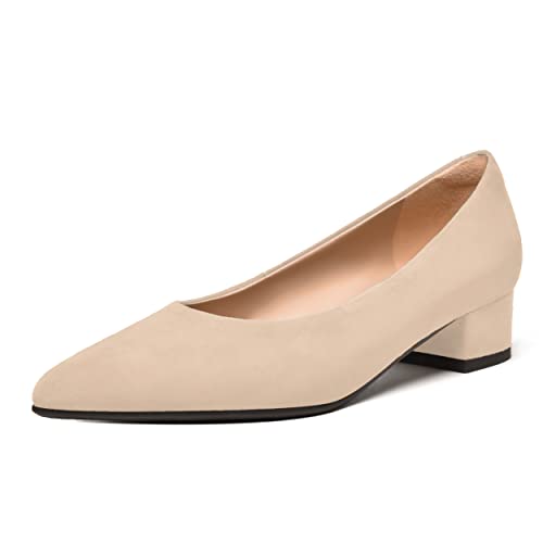 FEMSTEP Womens Slip On Pointed Toe Suede Leather Office Casual Chunky Low Heel Pumps Shoes 1.5 Inch