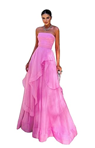 Layered Tulle Prom Dresses Ball Gown Pleated Formal Dress For Women Elegant Strapless Ruffle Pink 2 Dr0181 #TOP17