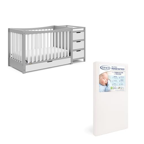 Image of Graco REMI Conv. Crib & Changer W/Premium Foam Crib & Toddler Mattress-White/Pebble Gray