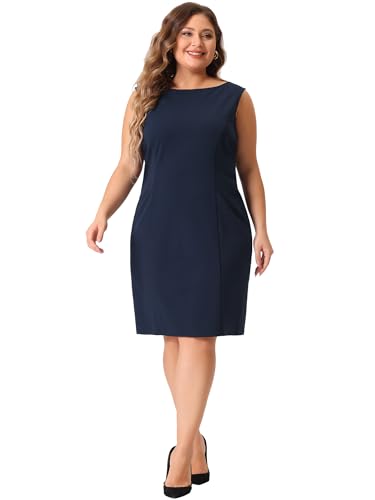 Image of Agnes Orinda Plus Size Sheath Dress for Women Sleeveless Boat Neck Casual Straight Pencil Work Dresses