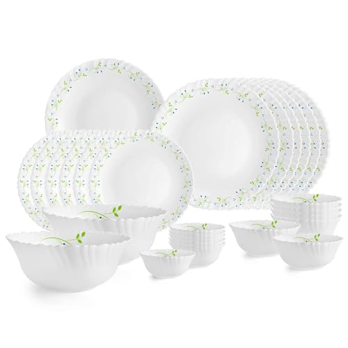 Image of CELLO Tropical Lagoon Dazzle Series Opalware Dinner Set of 27 Pieces For Family of 6 | Bone-Ash Free & Leadfree Opal Glass, Microwave & Dishwasher Safe Plates & Bowls Crockery Set For Dining & Gifting
