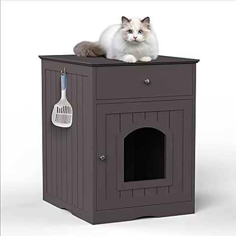FAMIKITO Cat Litter Box Enclosure, Hidden Litter Box Furniture Cabinet with Drawer, Indoor Cat House Side Table, Large Pet Crate Nightstand, Kitty Litter Box Washroom (Brown) Cover