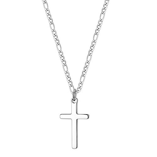 Cross Necklace For Boys Stainless Steel Figaro Chain Cross Pendant Necklace Plain Polished Simple Faith Jewelry Gift For Men Women 16 Inches #TOP12