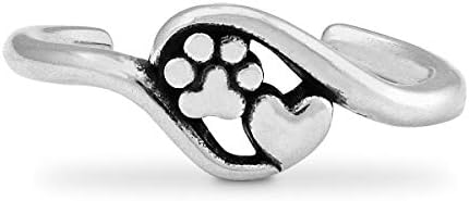 Dazzling Paws Jewelry Paw Print and Heart Toe Ring Sterling Silver Close To My Heart Adjustable Ring Gift for Pet Owners