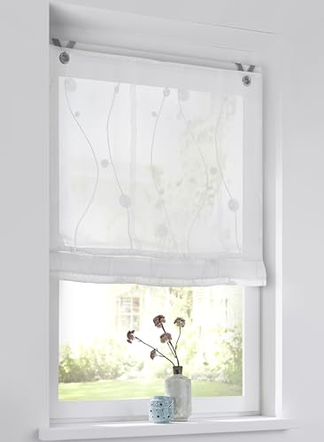 Kutti Ösenrollo Nelly Weiß – halbtransparent mit gesticktem Rankenmuster - 45x140 cm - dekoratives Polyester-Rollo mit weißer Rankenstickerei, angenehme Lichtdurchlässigkeit, einfache Ösenbefestigung