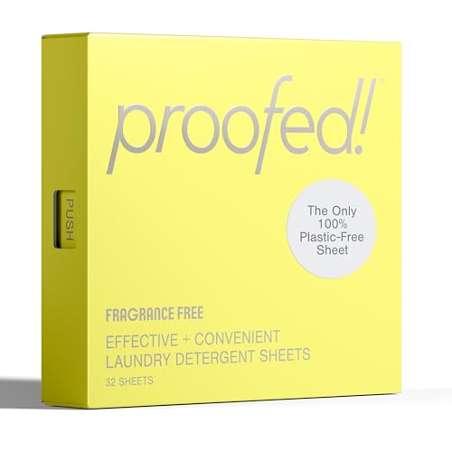 Proofed! Laundry Detergent Sheets, 32 Count, Fragrance-Free, The Only 100% Plastic-Free Sheet, No PVA or PVOH, Hypoallergenic, Bio-Based Ingredients, Made in USA, 1 Box