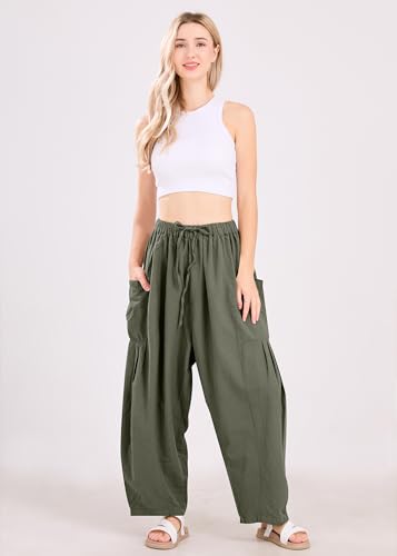 utcoco Womens Baggy Linen Pants Casual Loose Fit Drawstring Wide Leg Harem Pants with Pocket2