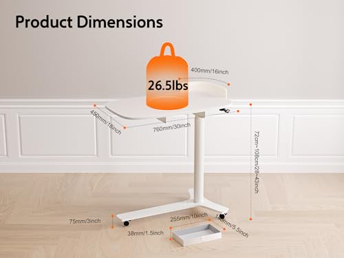 Image of WALKINGDESK Rolling Desk Adjustable Height with Drawer and Wheels, Portable Small Standing Desk Pneumatic for Home Office, Mobile Computer Laptop Cart, Medical Sofa Overbed Table, White