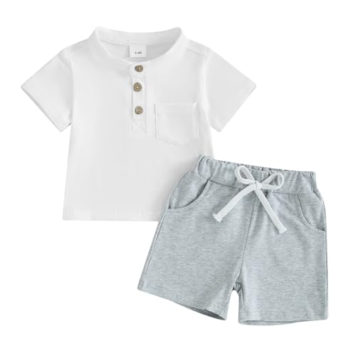 Image of Gueuusu Toddler Baby Boy Girl Summer Clothes Short Sleeve Button Up Polo Shirt Elastic Waist Shorts Set Solid Color Outfit (A-Gray, 0-6 Months)