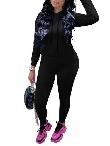 Women's 2 Piece Hoodie Tracksuit Long Sleeve Top Stretchy Leggings Set for Casual Workout and Loungewear-Black-M