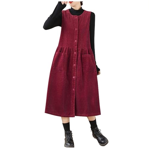 RKaixuni Damen-Kleid, Cordkleid, Knopfleiste, Babydoll-Tankkleid, Rundhalsausschnitt, über Knie, lang, Midi-Kleid, Frühlingskleidung, rot, XL
