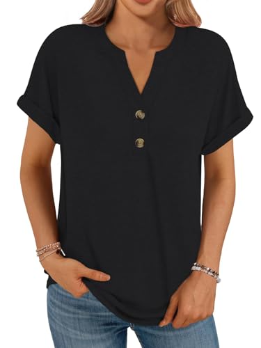 Cuptacc Tshirt Damen Sommer Kurzarm V-Ausschnitt Mit Knöpfen T-Shirt Basic Lockere Shirt Damen Einfarbiges Oberteil Freizeit Schwarz XXL