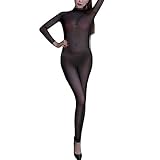 IWEMEK Sexy Women Sheer Mesh Bodysuit Transparent Long Sleeve Backless Catsuit Stretch Jumpsuit Lingerie Nightwear Black