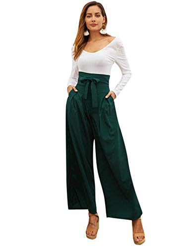 Sweatyrocks Women's Casual High Waist Belted Wide Leg Pants With Pocket Green L #TOP3