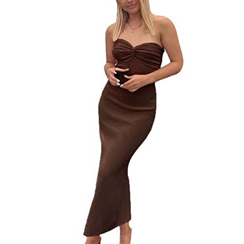 WFHFNJW Women Sexy Twist Knot Front Ribbed Knit Bodycon Bandeau Tube Dress Casual Solid Strapless Maxi Long Dress Small Brown