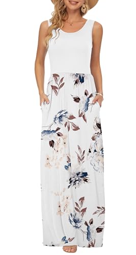 AUSELILY Summer Dresses for Women Casual Sleeveless Ladies Maxi Dress Long with Pockets White Flowers White M