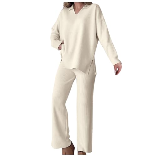 KBOPLEMQ Conjunto de 2 piezas para mujer, elegante punto, manga larga, pantalones de punto, cálido invierno, ropa de ocio, ropa de salón, manga larga, jersey de punto, pantalones anchos, sudaderas de