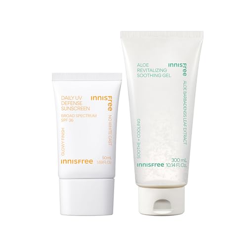 Image of innisfree Daily UV Defense Sunscreen and Aloe Revitalizing Soothing Gel Bundle, Korean SPF and Hydrating Aloe Duo