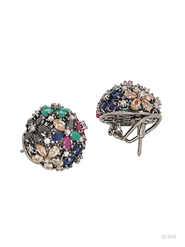 Image of silver plated handcrafted Cubic zirconia & multicolor stone studded Studs Earrings