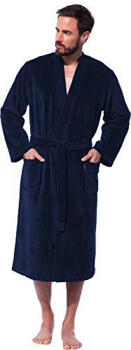 Morgenstern Herren Bademantel Kimono in Blau Männer Baumwolle Microfaser Viskose wadenlang leicht Größe XL Badekimono Herrenbademantel gr