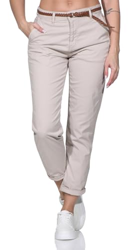 Sublevel Damen Chino Hose Stoffhose Slim Leg knöchellang mit Gürtel LSL-551 Light Sand M