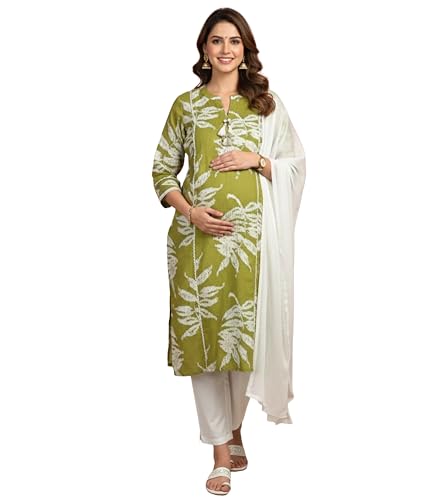 Image of DUMMY SHAPE Maternity Dresses for Women Cotton | Floral Kurta Pant Dupatta Set with Nursing Zippers, Side Pocket | Pre & Post Pregnancy | Feeding Kurti Suit | Baby Shower | Gifts for Pregnant Woman