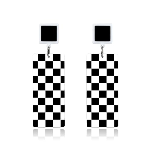 KaFu Checkerboard Earrings for Women 70s 80s Retro Acrylic Black White Striped Checkered Geometric Dangle Earrings Resin Rectangle Earrings Statement Jewelry