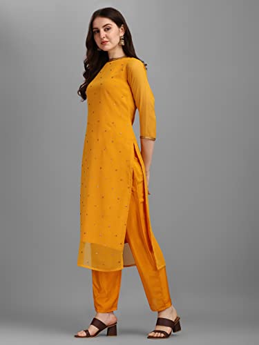 Image of Hritika Women Yellow Solid Seqiun Embroidered Faux Georgette Readymade Salwar Suit Set [S Size] (HRKB0070YELW S)