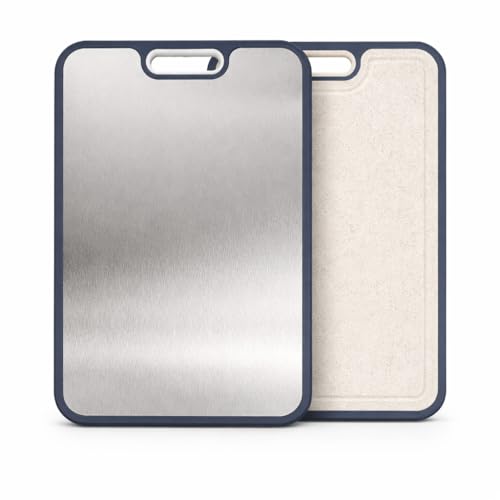 Tabla de Cortar de Acero Inoxidable 16 x 11 Pulgadas, Doble Cara con Base de Paja de Trigo para Verduras y Frutas miniatura 1