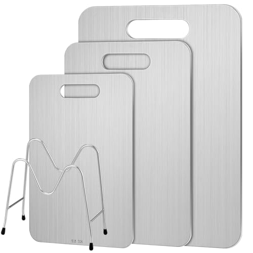 Yaocom Lot de 3 planches à découper en acier inoxydable 304 avec support - Passe au lave-vaisselle - Planche à découper double face en métal pour viande, fruits, légumes