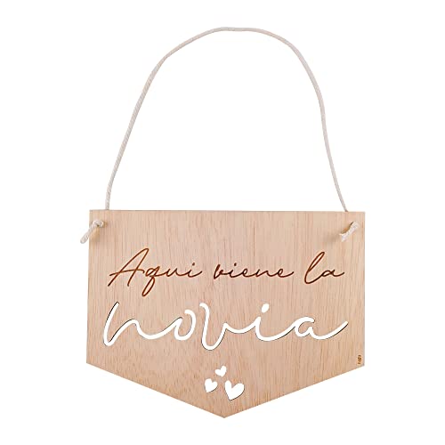 ES - Banderola de madera para bodas, cartel para anunciar Aqui viene la novia, para niños camino al altar, decoracion bodas… Cover