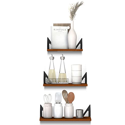 Halter Wall Book Shelves For Bedroom, Small Wall Shelf, Mounted Floating Wall Shelving, Hanging Shelves With Angle Brackets, Wall Shelves For Bedroom, Bathroom, Kitchen, Dark Brown,Set Of 3 #TOP5