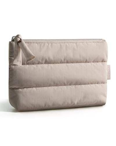 BAGSMART Small Makeup Bag Puffy Portable Cosmetic Pouch with Charm Zipper Water-Resistant Travel Organizer for Women (Camel Small)