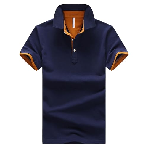 Men Lapel Breathable Work Polo Shirt Quarter Button Slim Trendy T Shirts Summer Color Block Cool Pullover Tops (Blue Orange,Large)
