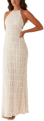 Image of Yiulangde Women's Backless Smocked Maxi Dress Sexy Spaghetti Strap Cut Out Flowy Beach Long Dress Vacation Casual Sundresses