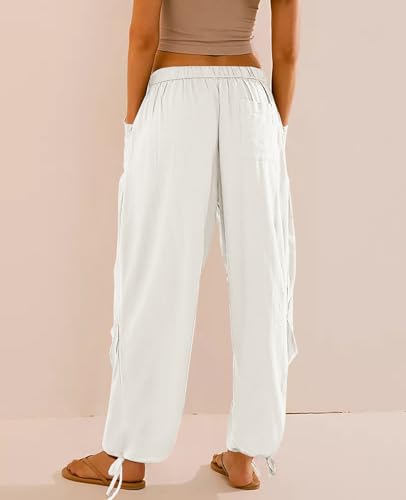 Image of Women's Linen Balloon Barrel Beach Pants Boho Harem Flowy Drawstring Casual Loose Pants with Pockets