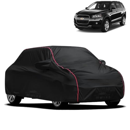 Image of Waterproof Car Cover for Chevrolet Capitva | All-Weather Protection, Dustproof & UV Resistant | Triple Stitched Mirror Pockets, Windproof Buckle Strap with Elastic Hem, Black-Red Piping