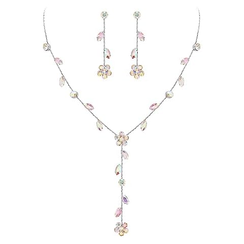 Tuliper Round Cubic Zirconia Wedding Jewelry Sets for Women, Sparkly Flower Leaf Vine Dangle Drop Earrings Pendant Necklace Set Gift for Bride Bridesmaid Iridescent AB Silver-Tone Cover