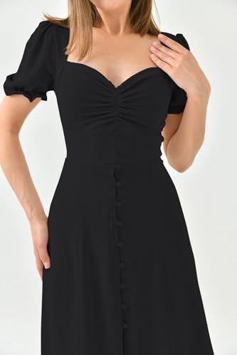 Image of Shasmi Girl's & Women's Solid Midi Dress - Elegant Square Neck Button-Down Dress with Puff Short Sleeves | Stylish Casual & Party & Office Wear Outfit (Dress 105)