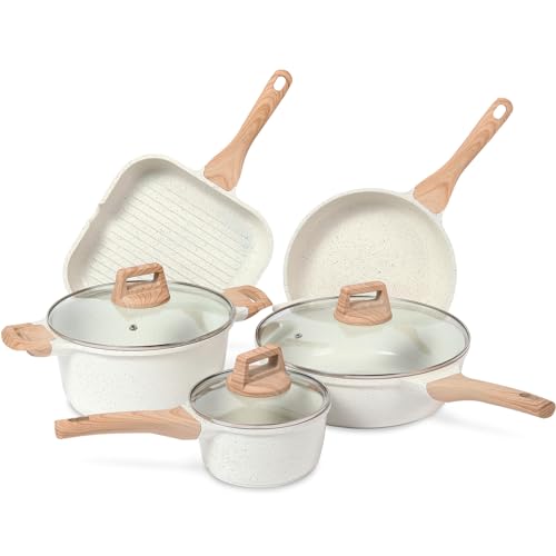 ESLITE LIFE Nonstick Cookware Sets, 8 Pcs Ceramic Coating Pots and Pans Set Kitchen Cooking Set, Compatible with All Stovetops (Gas, Electric & Induction), PFOA Free, Cream