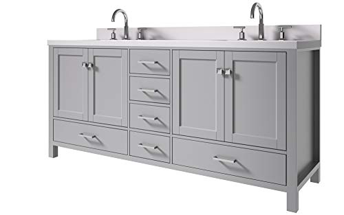 Ariel Bathroom Vanity 73" Inch Double Rectangle Sinks With Pure White Quartz Countertop In Gray | 4 Soft Closing Doors | 6 Full Extension Dovetail Drawers | With Backsplash | No Mirror #TOP3