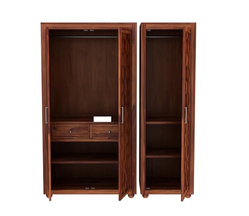 Image of Wooden 3 Door Wardrobe for Clothes with 2 Drawer 6 Shelf Storage & Hanging Space - Sheesham Wood Almirah for Bedroom - Solid Wood Large Cupboard (Honey Finish)