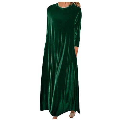 Women Vintage Velvet Long Sleeve Maxi Dress - Casual Loose Fit Elegant Bridesmaid Ladies Solid Color Plus Size Army Green