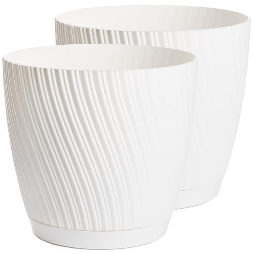 Home Garden Ornaments Plant Pots Indoor – Set of 2 with Drainage & Saucer Swing Indoor Plant Pot – Decorative Striped Flower Plastic Planter Design – 5 Colours & 6 Sizes (15cm / 5.9 inch, White)