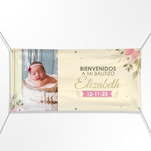 Cartel Personalizado Para Bautizo Con Foto, Nombre Y Fecha En 21 Tamaños Ideal Como Pancarta Personalizada Con Lona Impresión Uv - Banner O Photocall Para Decoración Bautizo Niño O Niña Beige