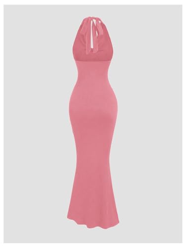 Image of GORGLITTER Women's Halter Tie Maxi Dresses Elegant Classy Backless Cowl Neck Evening Gowns Formal Cocktail Ruched Dress