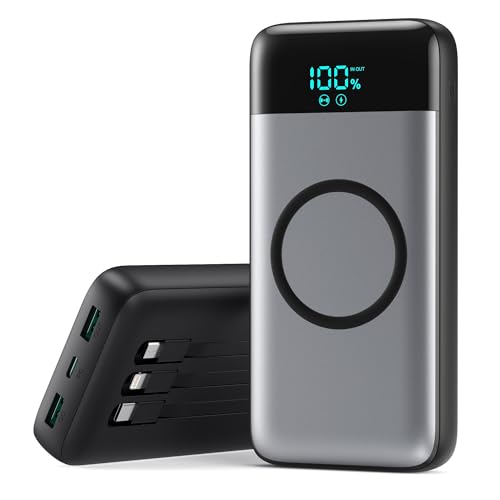 Wireless Charging Power Bank Wireless Portable Charger 40800mAh for iPhone with 3 Built-in Cables,7-in-1 15W Wireless Charging...